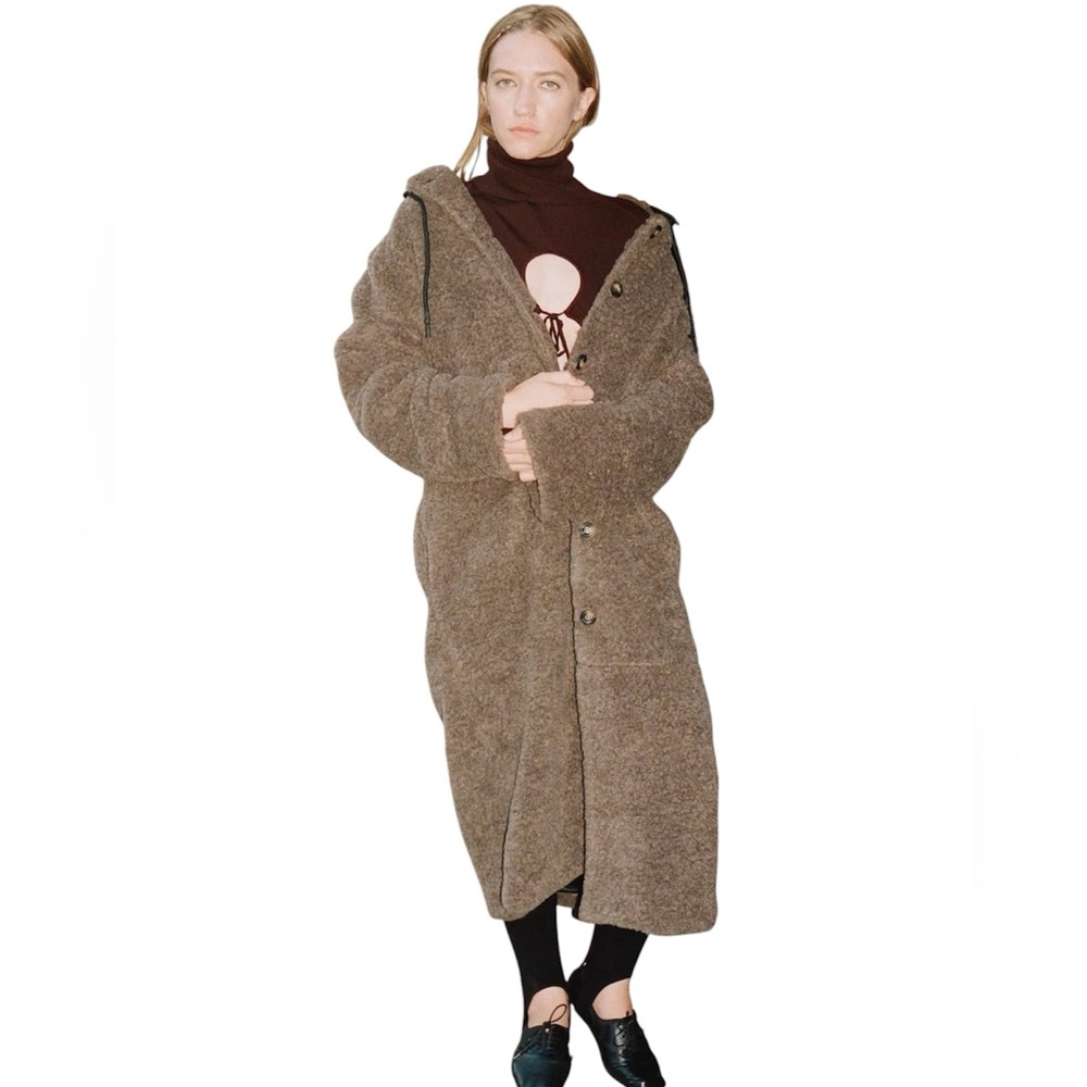 THAKOON Hooded Long Line Teddy Duster Shearling Coat Oversized Relaxed Fit XL